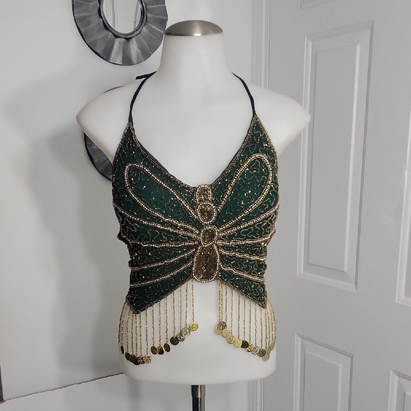 Tops - Gypsy Green and Gold Beaded Butterfly Halter 3 Tie Women's Top Size Small